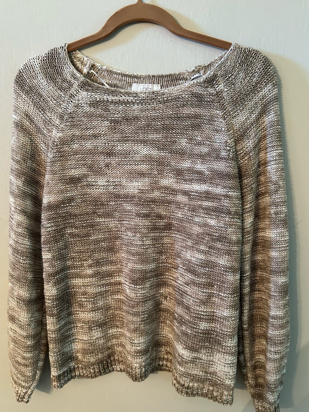 LOFT Women’s Pullover Sweater Beige & White Marled Knit Pattern Boatneck Sz Med